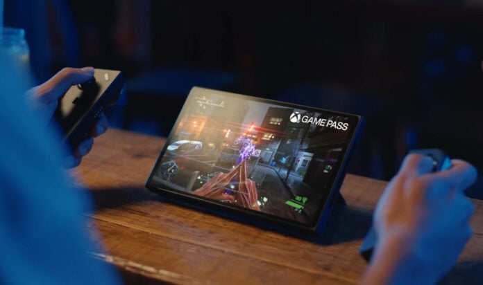 Lenovo Legion Go in table top mode running Game Pass.