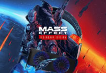 Mass Effect Legendary Edition game poster with Intel Arc graphics card.
