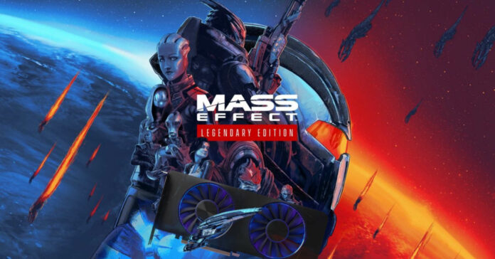 Mass Effect Legendary Edition game poster with Intel Arc graphics card.