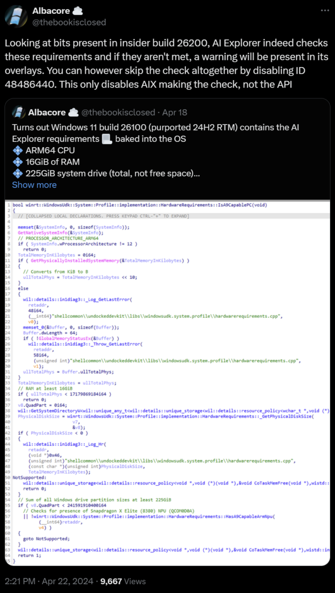 Albacore discusses Microsoft Windows 11 24H2 code findings on X.