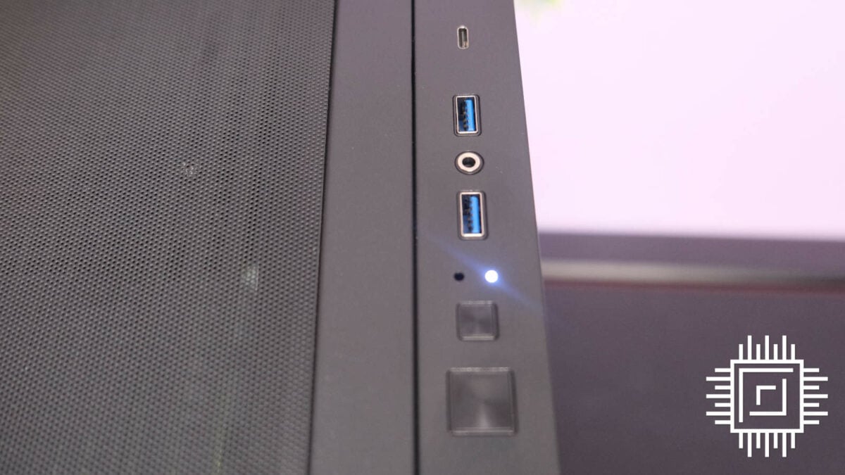 CyberpowerPC MSI Infinity Elite gaming PC's top I/O ports on the Lian Li case.