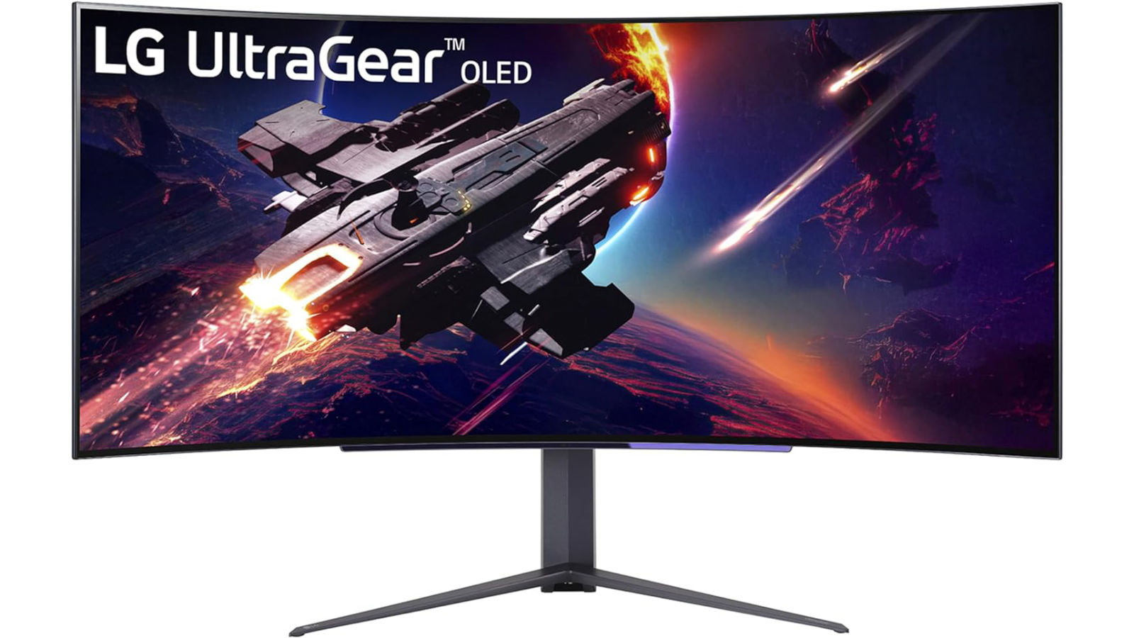 LG UltraGear 45GR95QE OLED gaming monitor against a white background.