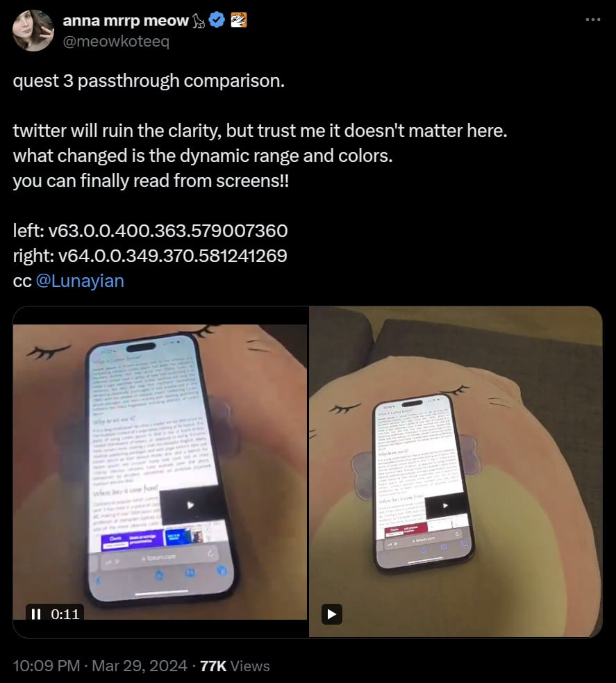 Meowkoteeq on Twitter/X shares details of Meta Quest 3 colour passthrough improvements in the latest VR headset update.