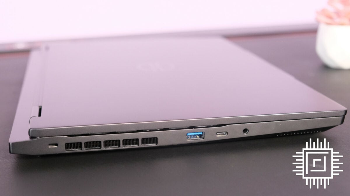 PCSpecialist Ionico AMD gaming laptop's left ports include a USB Type-C, USB Type-A, and a 3.5mm audio jack.
