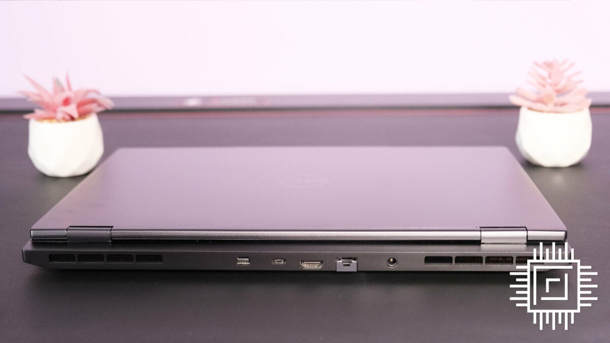 PCSpecialist Ionico AMD gaming laptop's rear ports include a USB Type-C, HDMI 2.1, Mini DisplayPort, and Ethernet.