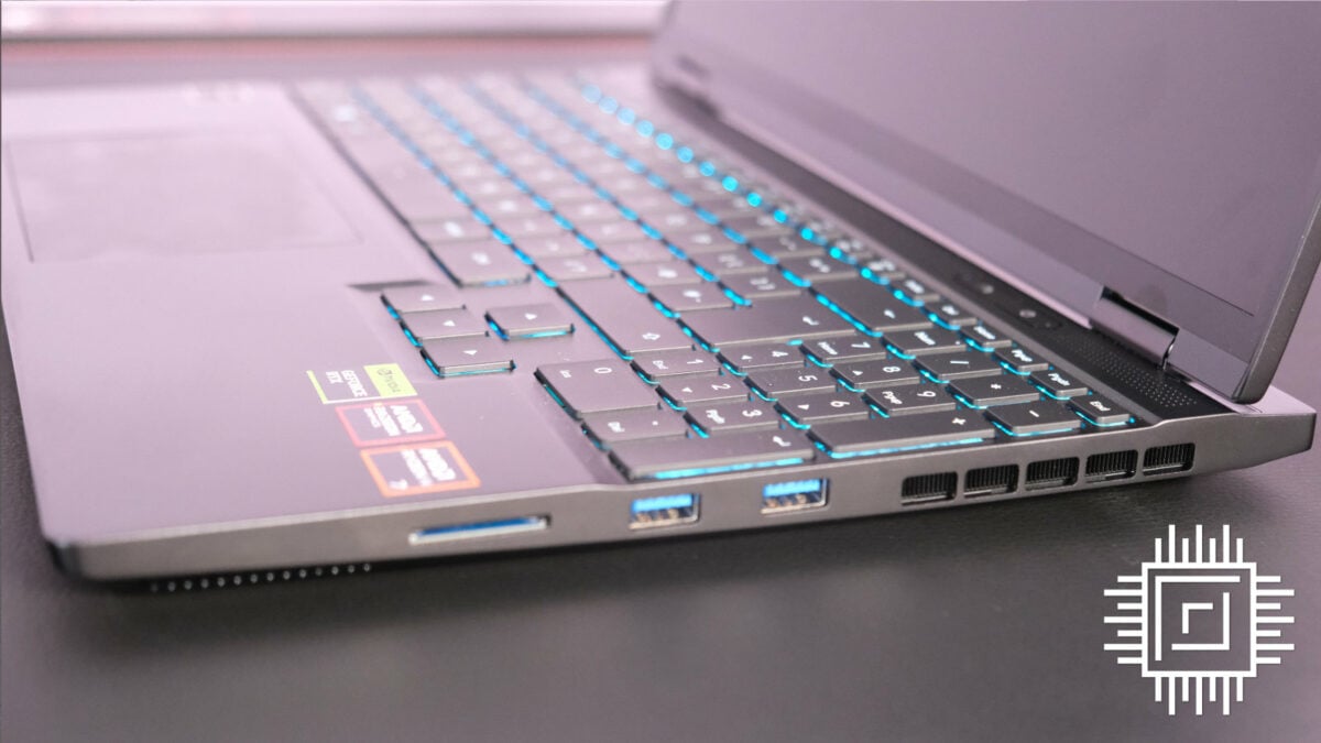 PCSpecialist Ionico AMD gaming laptop's right side ports include two USB Type-A and an SD card reader.