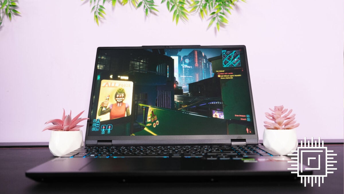 PCSpecialist Ionico AMD gaming laptop screen playing Cyberpunk 2077.