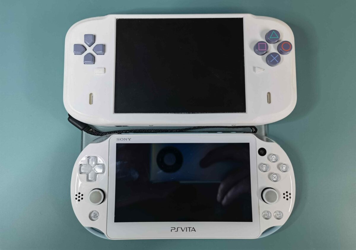 Homemade PS Hanami gaming handheld compared to PS Vita.