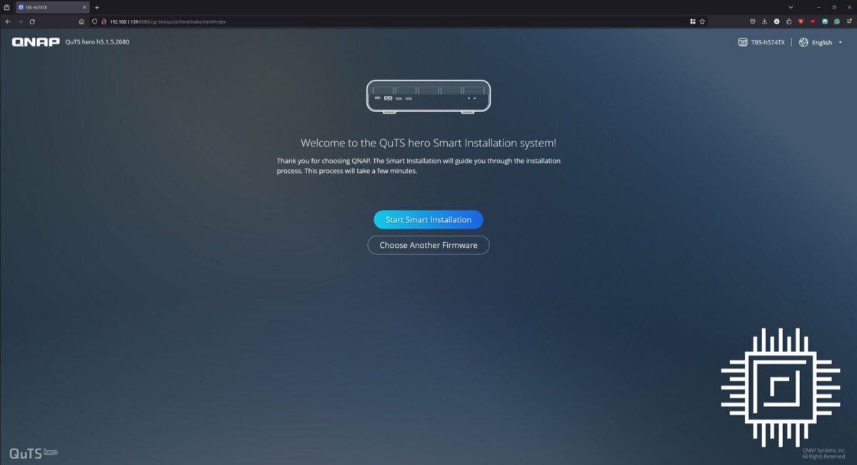 QNAP TBS-h574TX QuTS software setup screen.
