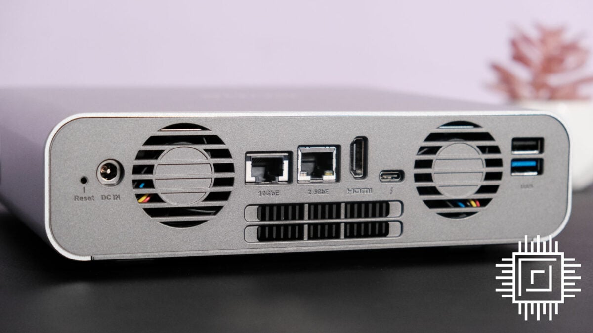 QNAP TBS-h574TX rear ports include the power cable, 10GbE Ethernet, 2.5GbE Ethernet, HDMI, Thunderbolt 4, and two USB Type-A ports (one 3.2, the other 2.0).