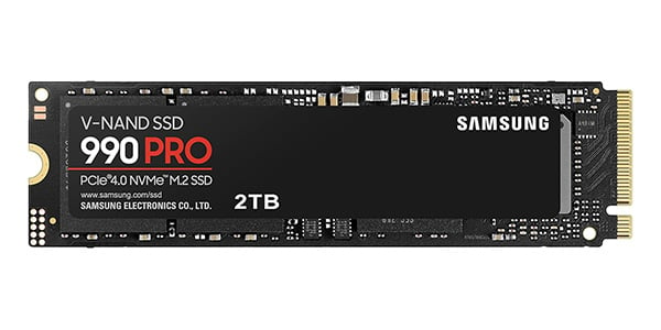 Samsung 990 Pro SSD against a white background.
