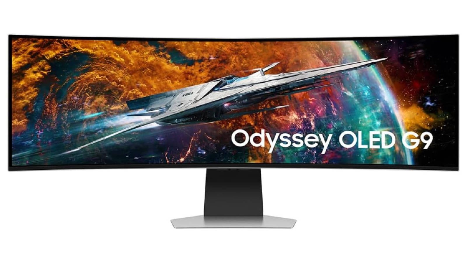 Samsung Odyssey OLED G9 gaming monitor against a white background.