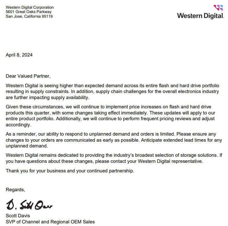This image shows the letter from Western Digital. 