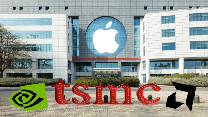 A photograph of one of TSMC's foundries, in which an Apple logo is overlaid on top of its window (centre), with an Nvidia logo (bottom left) and AMD logo (bottom right) left outside
