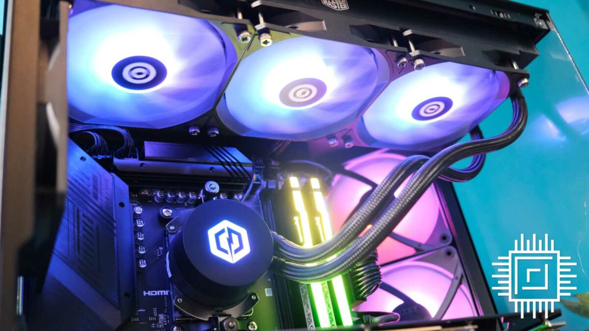 CyberpowerPC UK Ultra R77 RTX AIO cooler shines blue lighting.