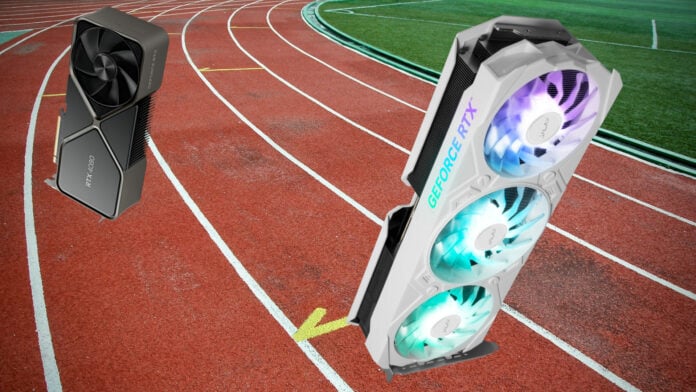 An Nvidia GeForce RTX 4080 Founders Edition graphics card (top left) falls behind a Galax GeForce RTX 4070 Ti Super graphics card (right) on a running track