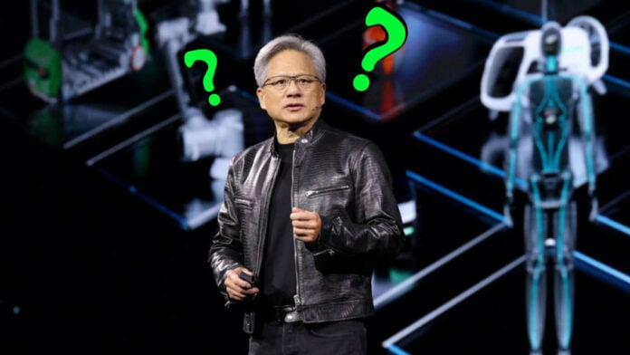 Nvidia CEO Jensen Huang with question marks surrounding.