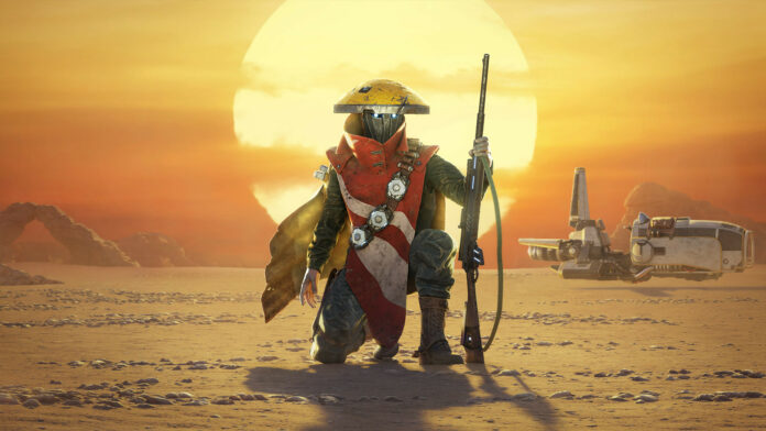 Key art for 3DMark's 'Steel Nomad' benchmark, in which the titular character kneels on rocky terrain against a low sun