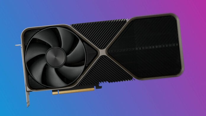 Nvidia RTX Founders Edition graphics card, with one partially pixelated, against a two-tone blue-purple background
