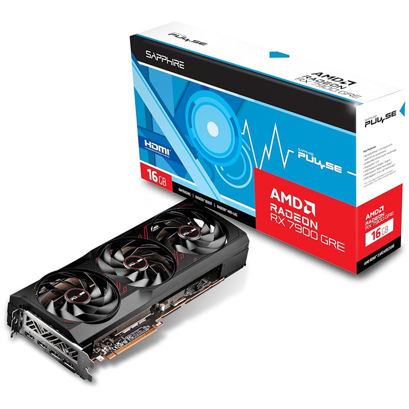 Sapphire Pulse Radeon RX 7900 GRE with box against white background.