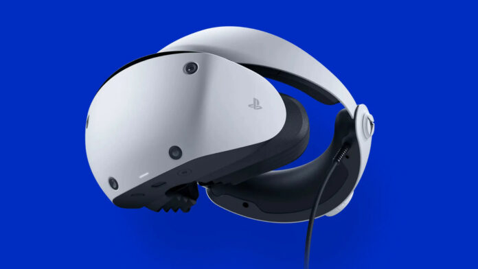 Sony PSVR 2 virtual reality headset against a blue background.