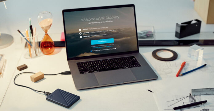 6TB WD My Passport Ultra connected to a laptop.