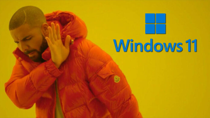 Drake shuns Windows 11 in meme format.