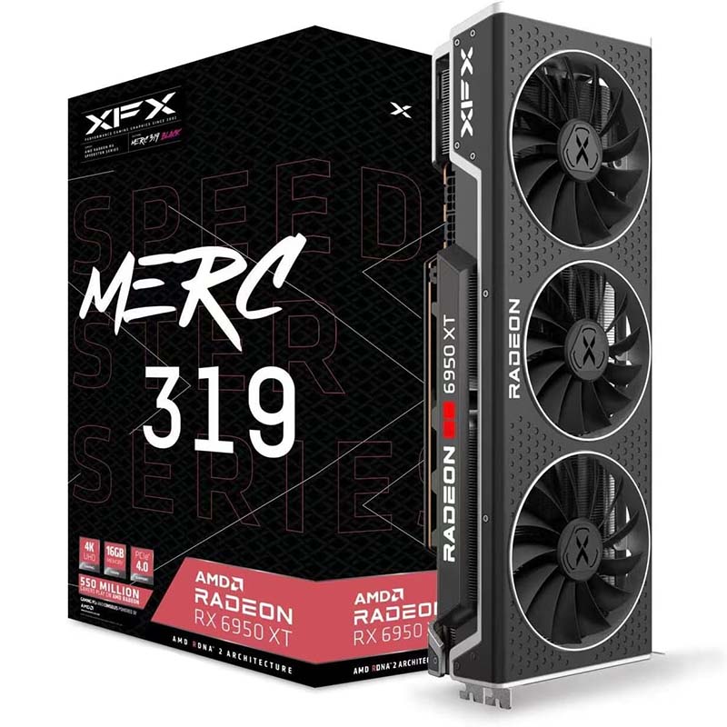 XFX Speedster MERC319 Radeon RX 6950 XT with box against white background.