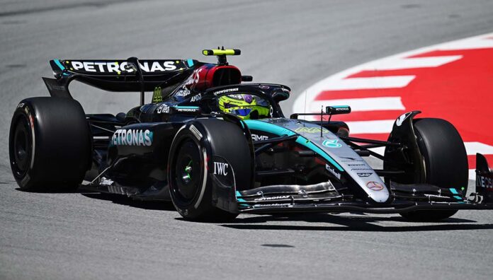 Lewis Hamilton cutting close to a chicane during Spanish Grand Prix.