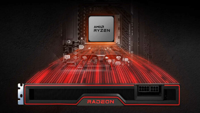 AMD Ryzen CPU connected to a Radeon GPU via red trails of light