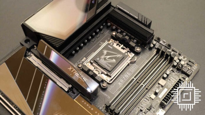 A Gigabyte Aorus X870E motherboard, looking down at its AM5 socket