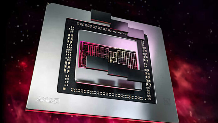 A 3D render of an AMD GPU die, against a red background