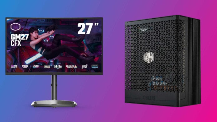 Cooler Master X Silent Edge Platinum 850 (Fanless) power supply (right) next to a GM27-CFX gaming monitor (left)