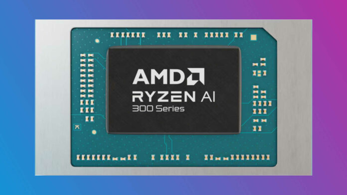 An AMD Ryzen AI 300 series processor, against a blue-purple background