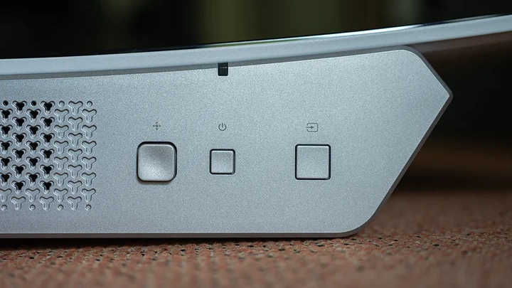 The underside of Corsair Xeneon 34WQHD240, showing its three button controls
