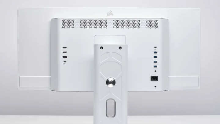 The back of Corsair Xeneon 34WQHD240 back, showing its port selection and stand
