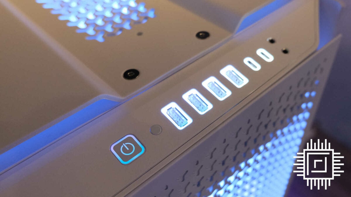 Front I/O of Corsair 9000D RGB Airflow, including USB Type-A and Type-C ports, as well as 3.5mm ports, alongside a power button