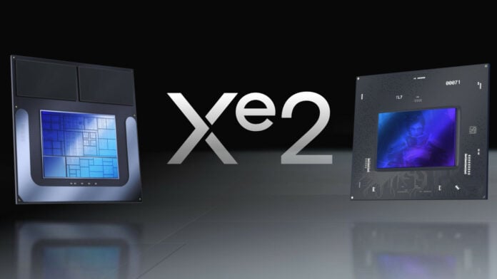 Intel Lunar Lake processor (left), Xe2 logo (middle), Intel Arc Alchemist GPU (right)