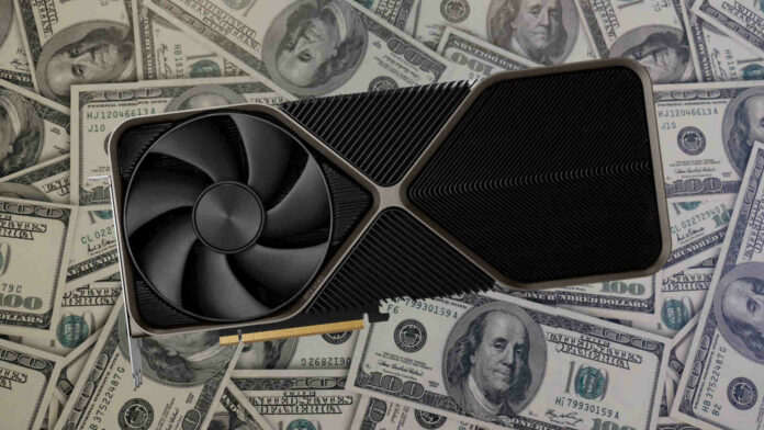 An Nvidia GeForce RTX 4090 Founders Edition graphics card atop a pile of $100 bills
