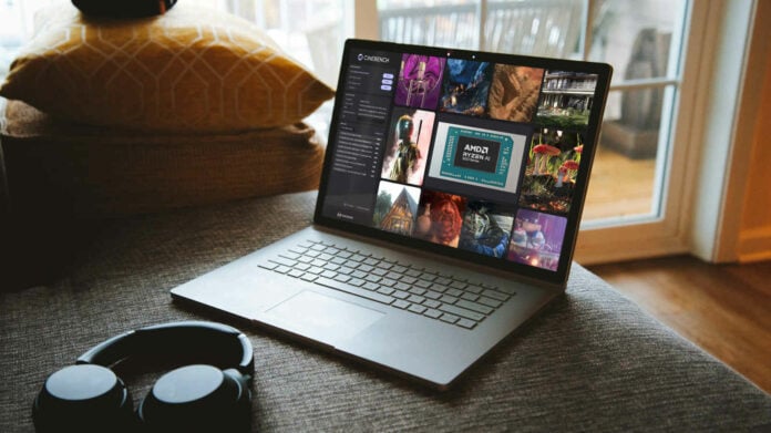 A laptop running Cinebench.