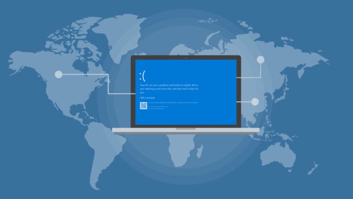 Blue screen of death on a laptop connecting all over the world.