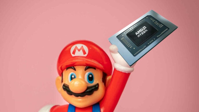 Mario holding an AMD Ryzen CPU.