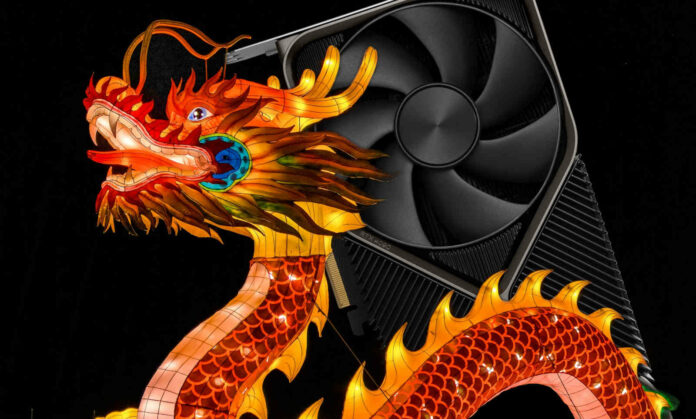 Nvidia RTX graphics card behind a red dragon.