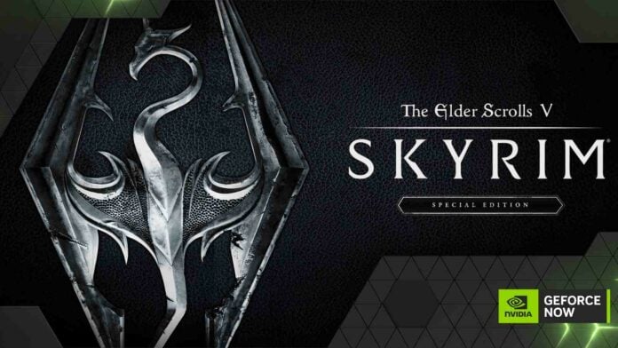 Skyrim and GeForce Now logos.