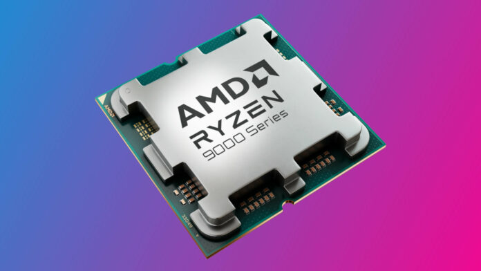 AMD Ryzen 9000 series processor against a two-tone blue and pink background