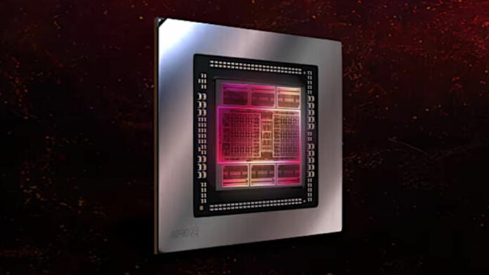 AMD GPU die, illuminated in pink, against a dark-red nebula background