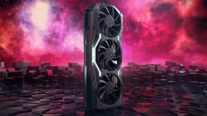 MBA Radeon graphics card, floating on an abstract floor of cuboids, against a nebulous red background