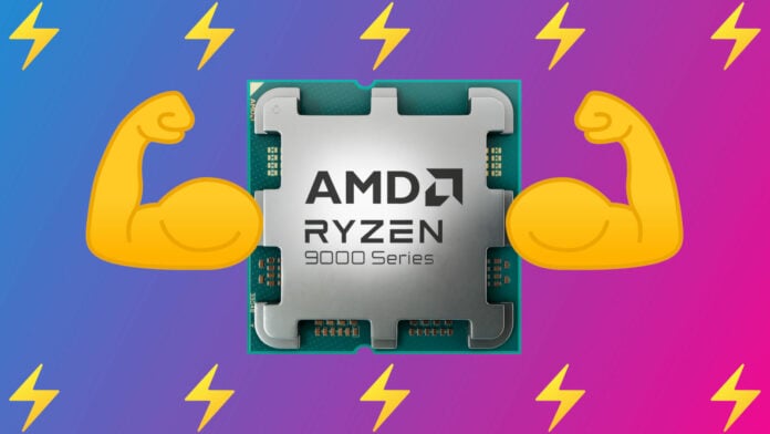 Ryzen 9000 series processor, with two yellow muscular arms emerging from its heat spreader, surrounded by lightning bolts, against a blue-pink background