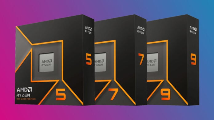 AMD Ryzen 5, 7, and 9 retail packaging lined up (left to right) against a two-tone pink-blue background