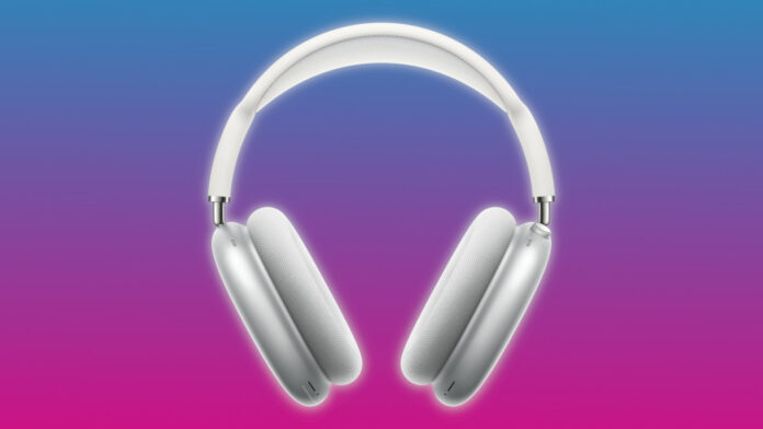 Apple AirPods Max wireless headphones floating against a two-tone blue-pink background
